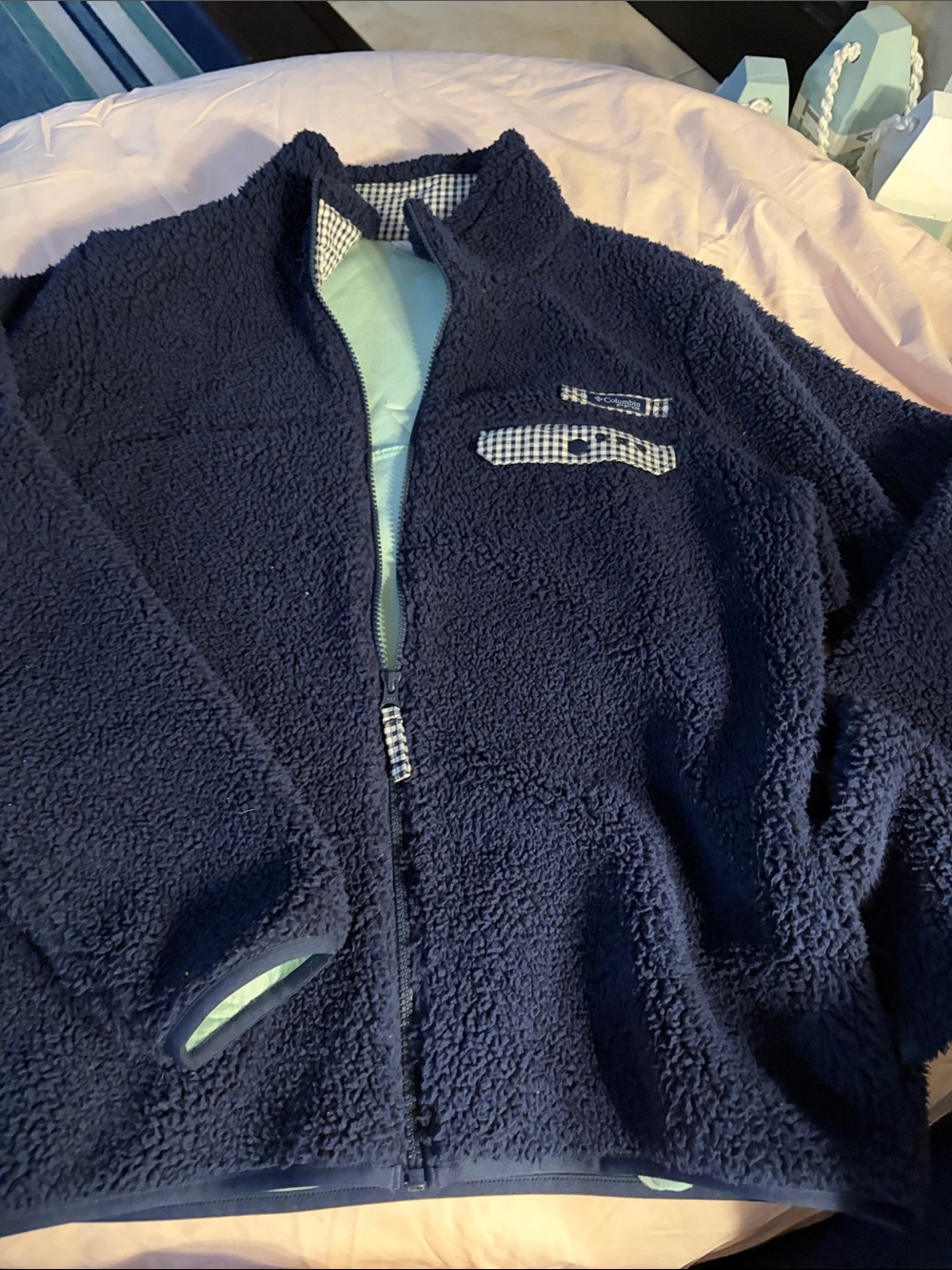 Columbia Navy Blue Sherpa Fleece Jacket with Check Trim